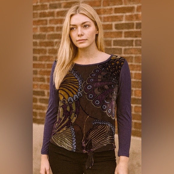 Chico’s Blue Wrap Tie Front Knit Top Artsy Peacock Print Velvet Burnout Size 3 - Picture 3 of 9